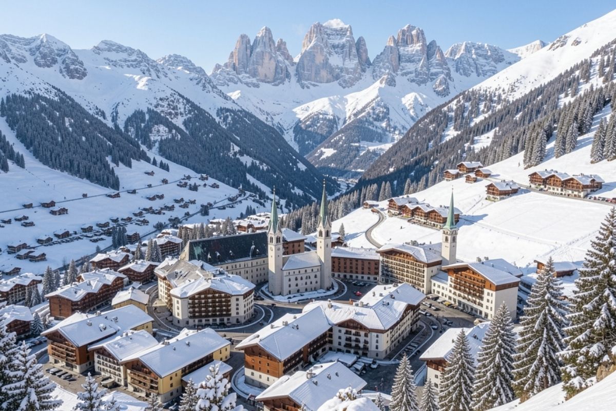 Vista panoramica di Ortisei dall’alto, con il centro storico, hotel e le montagne delle Dolomiti sullo sfondo, in inverno