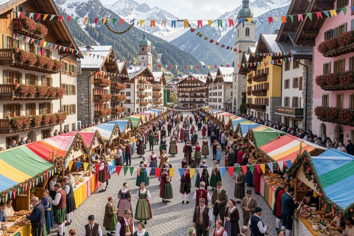 Panoramica festosa della piazza principale di Ortisei addobbata per un evento tradizionale, con stand, costumi tipici e le Dolomiti sullo sfondo