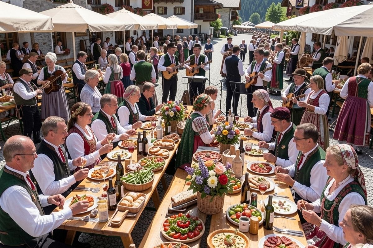 Scena di una sagra enogastronomica estiva a Ortisei: tavoli all'aperto, piatti tipici, musica dal vivo, gente in costume tradizionale