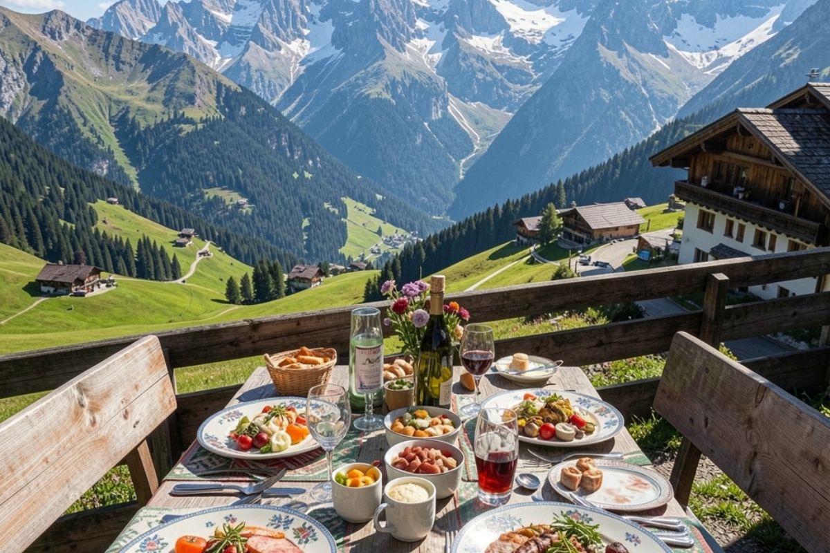 Panorama di Ortisei con tavola apparecchiata all’aperto, piatti tipici altoatesini e montagne sullo sfondo